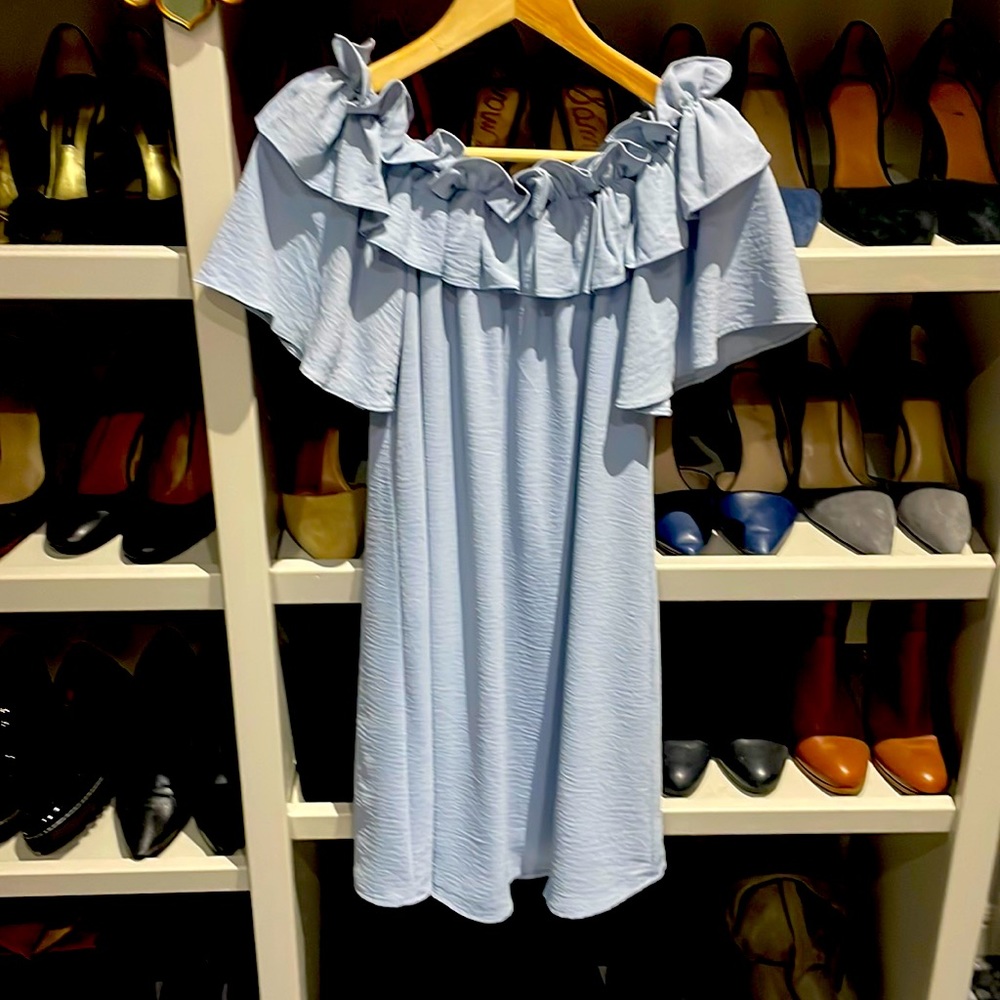 Cute blue dress can be worn off or on shoulders- really cute with cowboy boots!